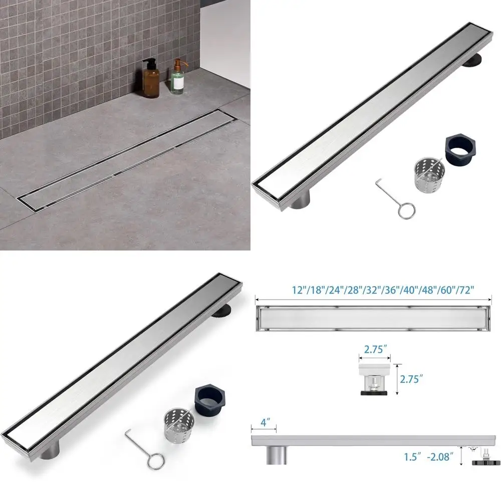 

24 Brushed Stainless Steel Linear Shower Drain with Tile Insert, Side Outlet, Hair Catcher & Adjustable Feet