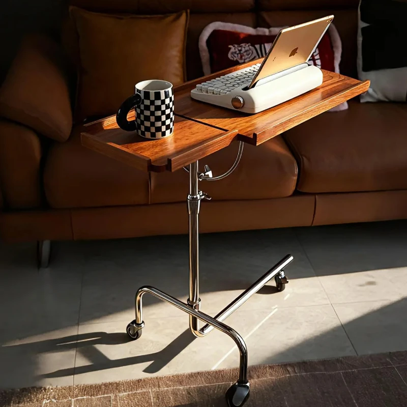 Vintage Solid Wood Sofa Side Table Lift-Top Laptop Desk with Wheels Convertible Bookstand & Foldable Music Stand for Home Office