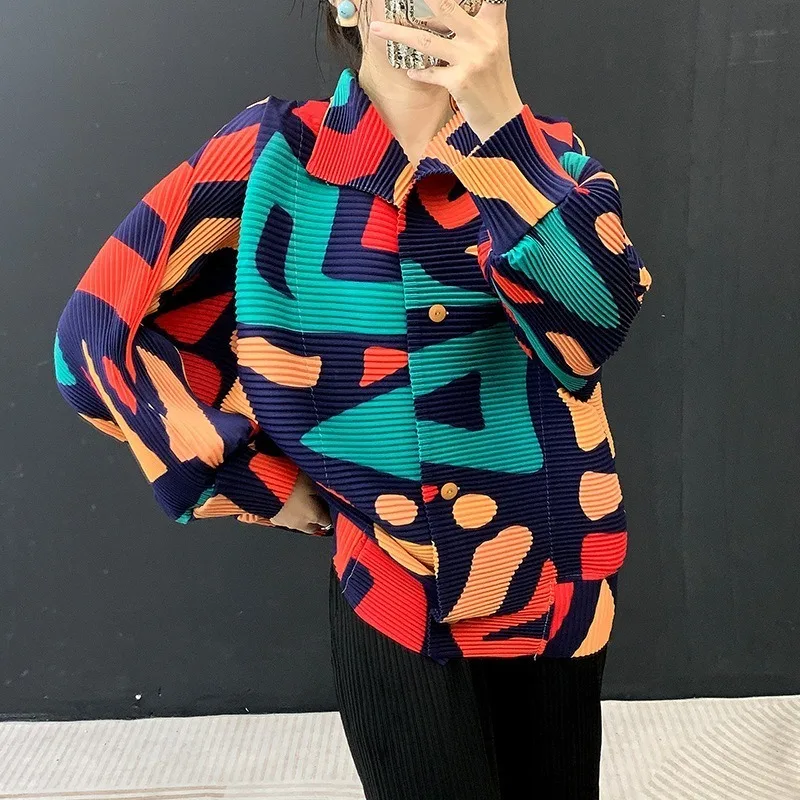 2026 Autumn New Miyake Pleated Printed Jacket Thick Material Long Sleeve Cardigan Turn-down Collar Plus Size Women Cardigan Top