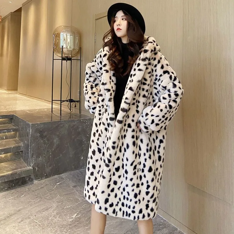 Imagem -04 - Cabolsa de Pele de Coelho Falso Feminino Outwear Longo e Solto com Capuz Moda Feminina Estampa de Leopardo Abaixo do Joelho Tamanho Grande Quente Novo Inverno 2023