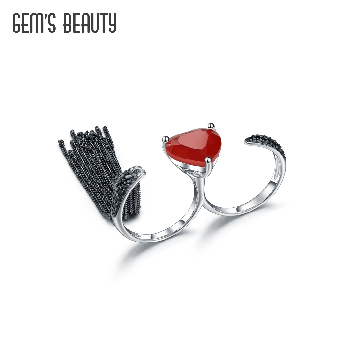 

GEM'S BEAUTY Original Design Heart Adjustable Ring with Tassels 925 Sterling Silver Red Agate Anniversary Ring Love Token Gift