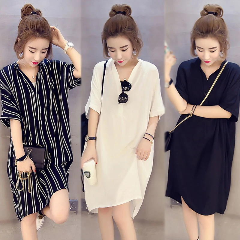 200 Pounds Can Be Worn Summertime Large Size Loose Mid-length Style Short Sleeve T-shirt Shirt Dress Fat Mm Striped Top Comfort