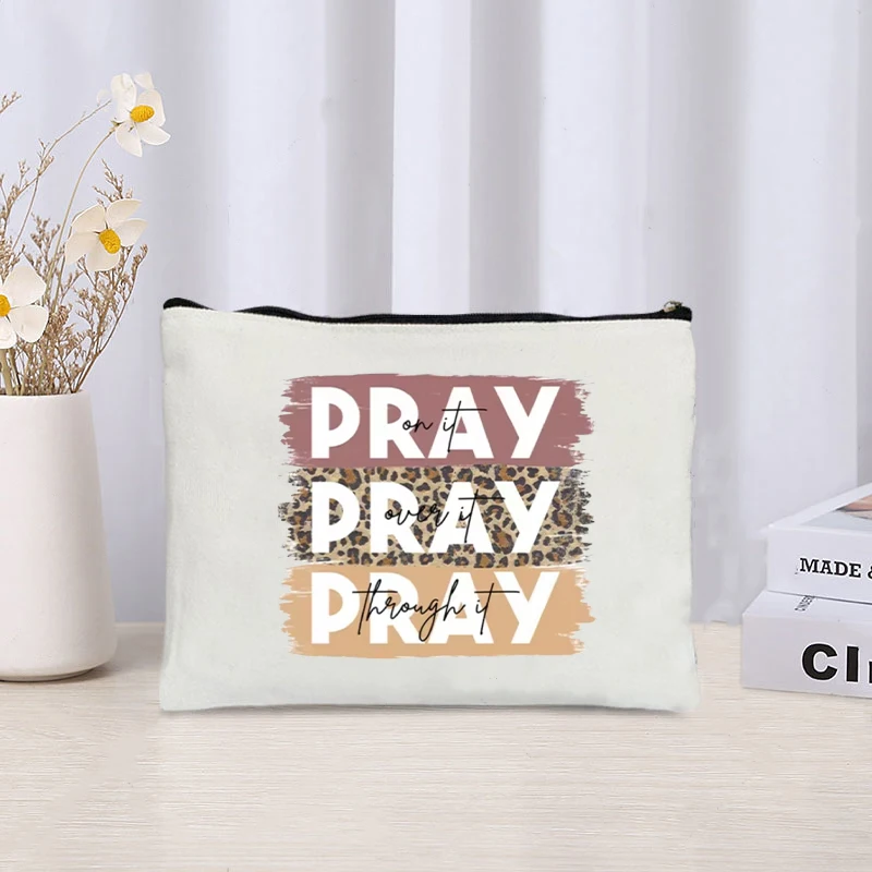 Love Jesus Pray Faith Storage Zipper Pouch Sundries Office Supplies Pencil Case White Perfume Lipstick Cosmetic Bag Organizer