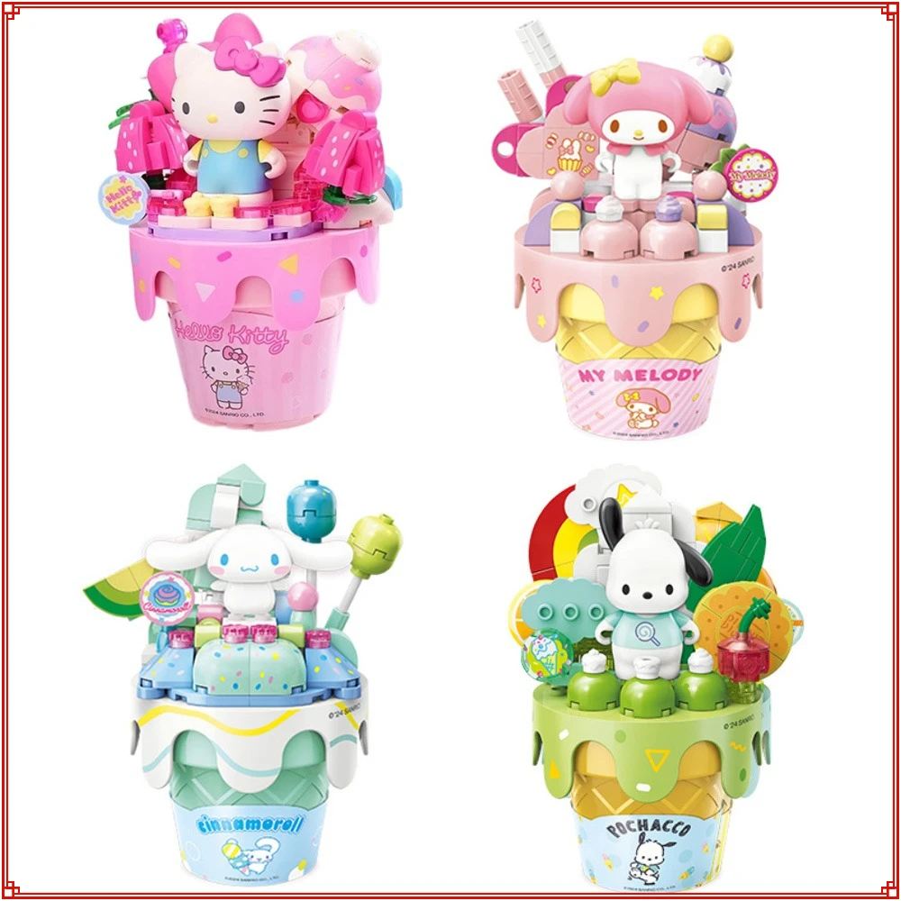 Keeppley Building Blocks Hello Kitty Pacha Dog Egg Bucket Ice Cream Puzzle Assembly Model Toys Desktop Decorations Kids Gifts