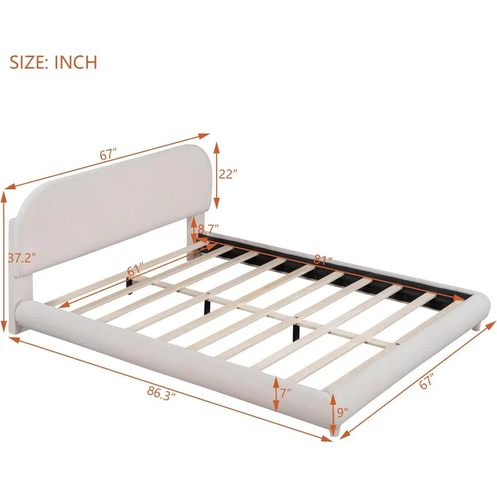 Upholstered Platform Bed with Curved Shaped Headboard, Queen Size Wood Bed Frame for Kids Adults Bedroom Furniture