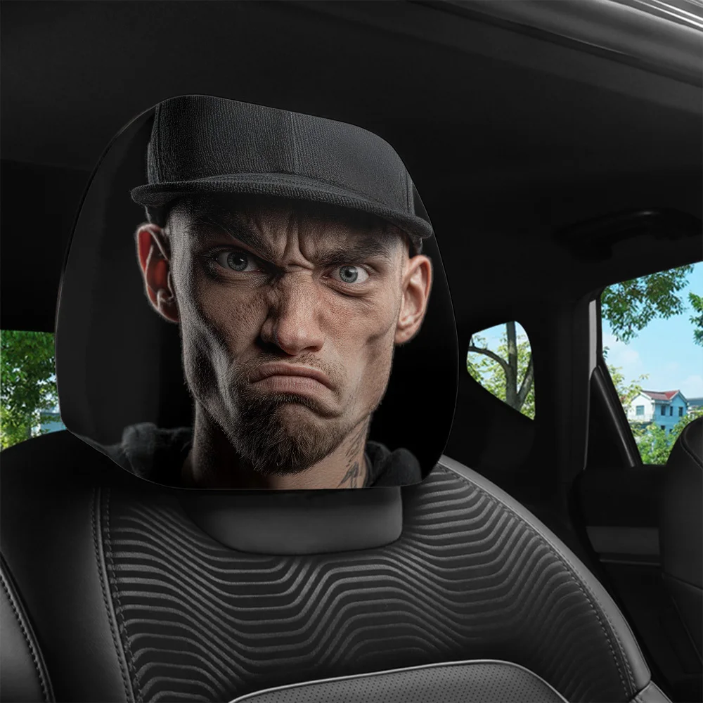 Fun Quirky Men's Head Portrait Print Car Headrest Cover, Easy To Install & Wash, Universal Fit Headrest Cover