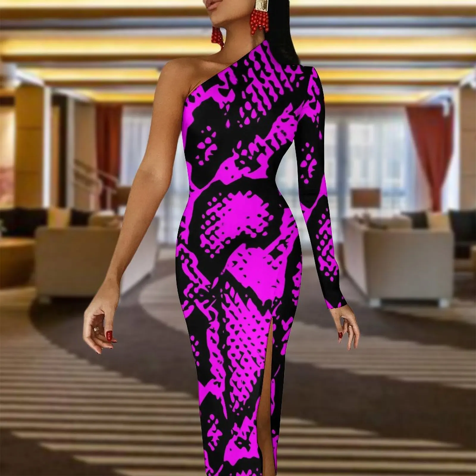 Snakeskin Design Long Dress Ladies Black and Purple Party Maxi Dress Autumn Kawaii Bodycon Dresses High Slit Graphic Vestido