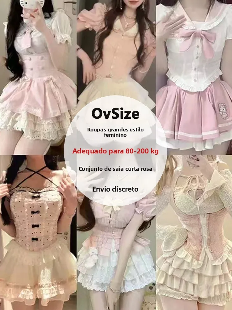Roupa feminina cosplay plus size, uniforme de verão com saia rodada rosa e branca, conjunto com manga curta e cintura alta.