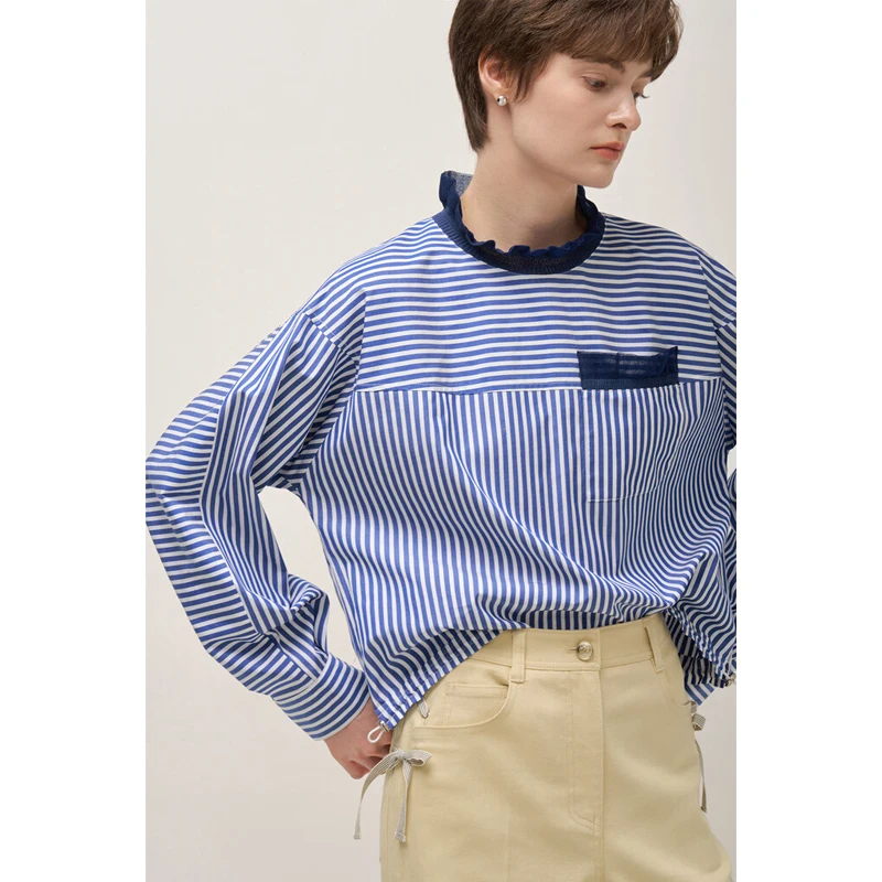 

Fre Ele Women's Knitted irt with Dstring Faux Sve Flounce Hem French Sle Loose Fit Long Sve Color