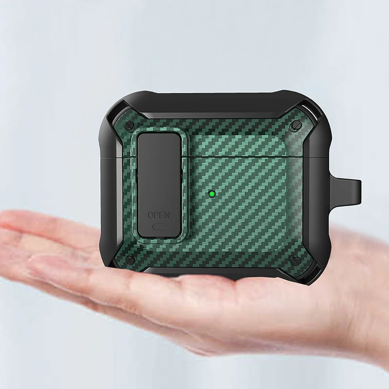 Switch Lock Case For AirPods Pro 3 Carbon Fiber Armor Shockproof Rugged Cover  Headphone Case For AirPods 4 Pro3 Case With Lock