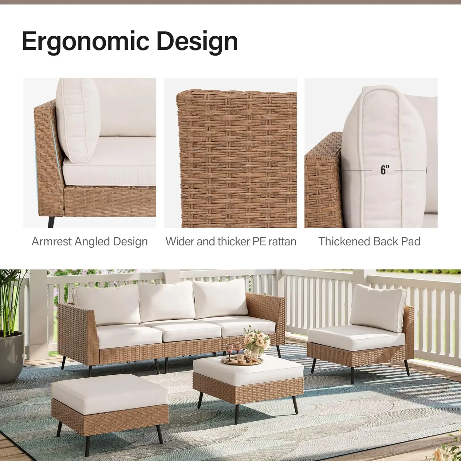 Outdoor Patio Furniture, 6 Piece Outdoor Sectional Sofa PE Rattan Wicker Patio Conversation Sets