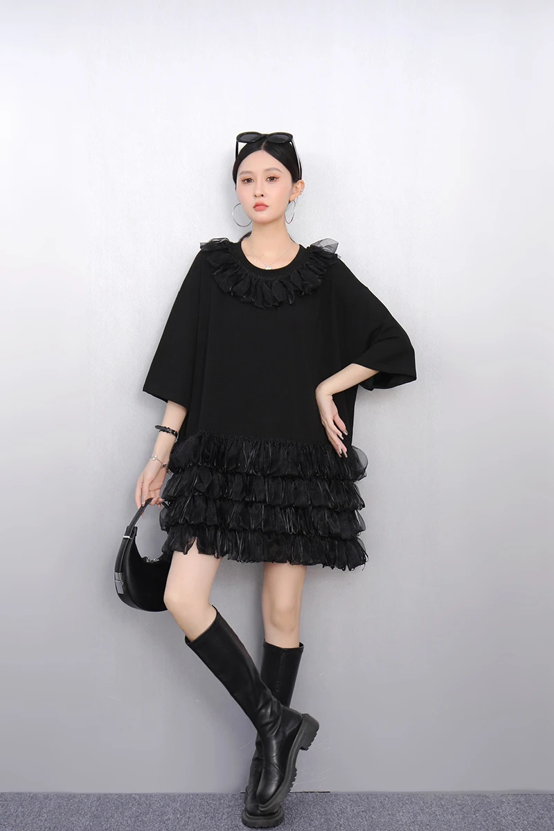 2025 Wiosna Lato Moda Eleganckie O-Neck Luźne Długie T-shirty Sukienki Kobiety Siatka Puszysta Sukienka Ladies J1090