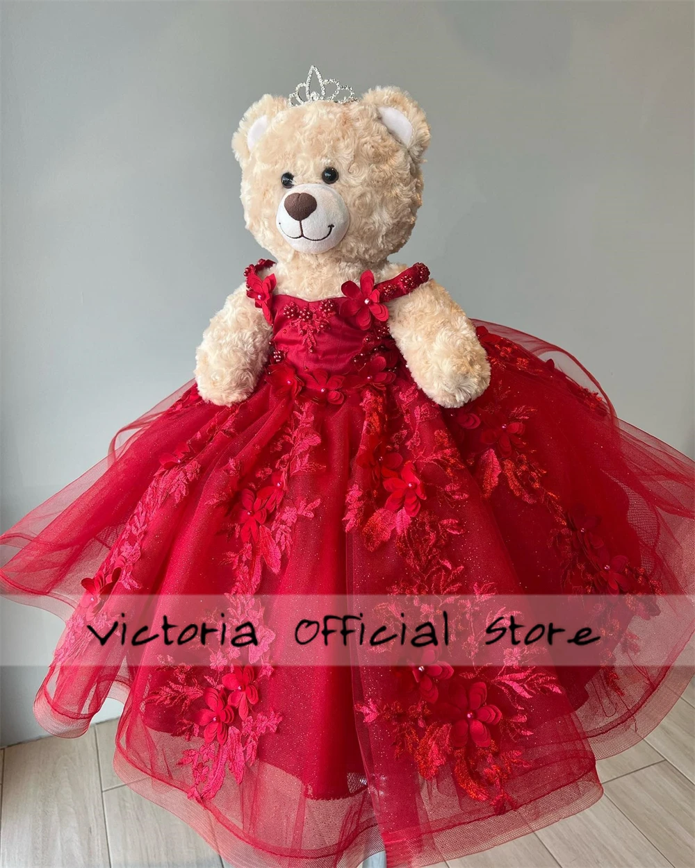 Red Lace Applique Personalized Quinceanera Teddy Bear Dress Sweetheart Flowers Appliques Crystals Off The Shoulder Customized