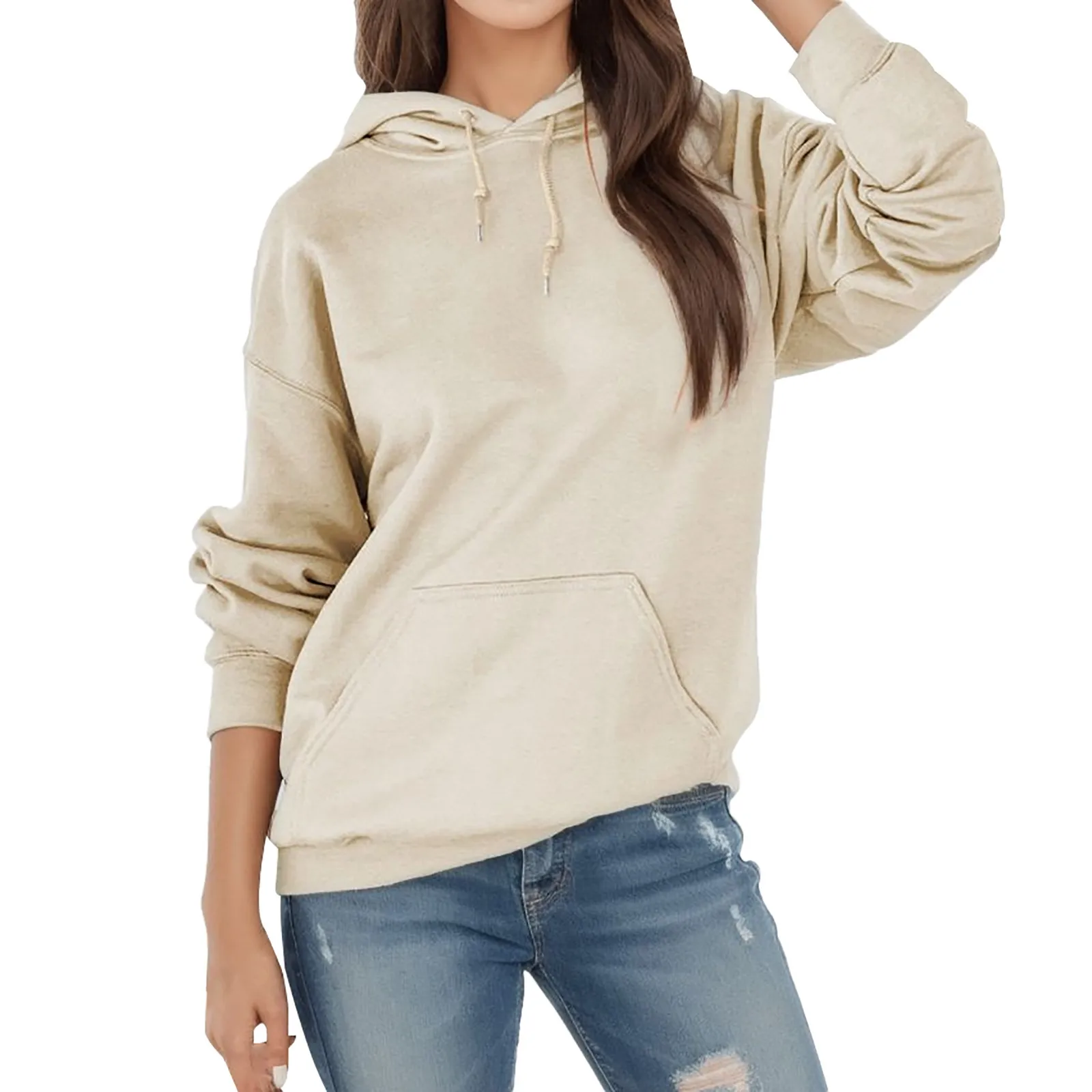 

2023 Fall Hoodie For Womens Casual Solid Color Long Sleeve Hooded Sweatshirts Casual Loose Fit Pollover Tops Winter Clothes