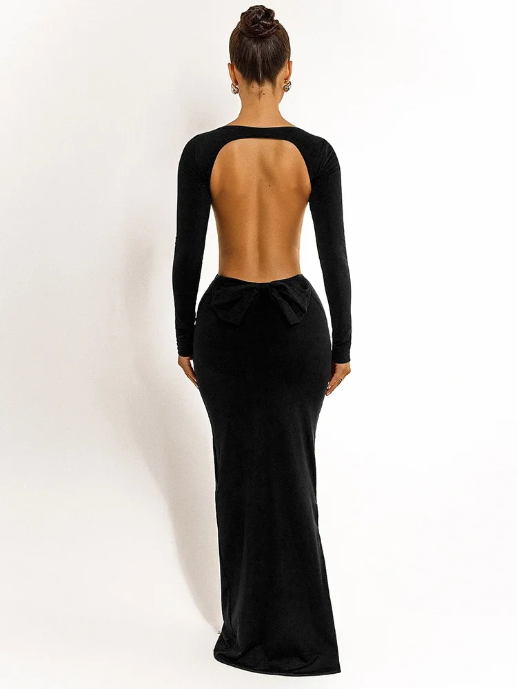 

Backless Bow Long Sleeve Sexy Maxi Dress Women Gown Elegant O Neck High Waist Bodycon Club Party Split Long Dress