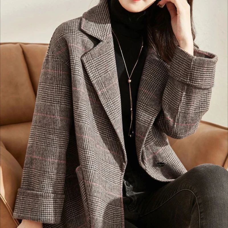 Abrigo holgado de mezcla de lana de Tweed de longitud media para mujer, ropa de invierno caliente, chaqueta de mezcla de prendas de vestir exteriores, chaqueta elegante de manga larga para mujer 2024