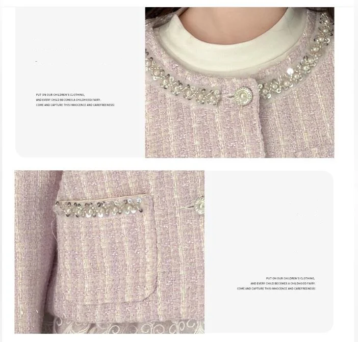 Teenage Girls Clothes Set Autumn Kids Long Sleeve Outfits Cute Beaded O-Neck Cardigan Jacket+pleated Skirt 2PCS Children Outfits