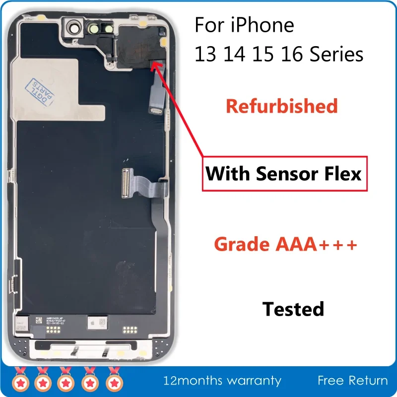 Refurbished Official Screen with Sensor Flex Cable for iPhone 13 mini 14 Plus 15 16 Pro Max LCD Display Assembly Diagnosis A +++