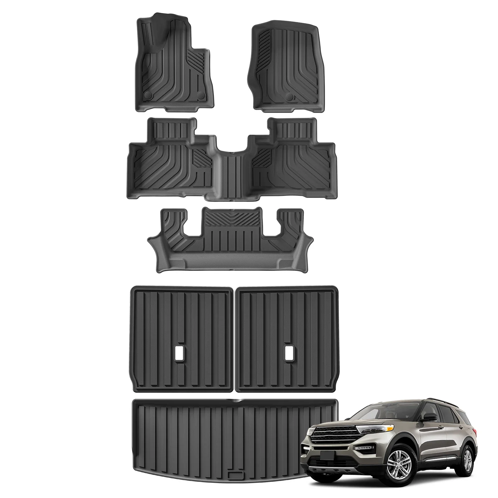 Für Ford Explorer 4WD 6-Sitzer 2020-2024 2025 TPE 3D Autofußmatten Kofferraumauskleidung Rückenlehnenpolster Zubehör Schwarz – Detail 1