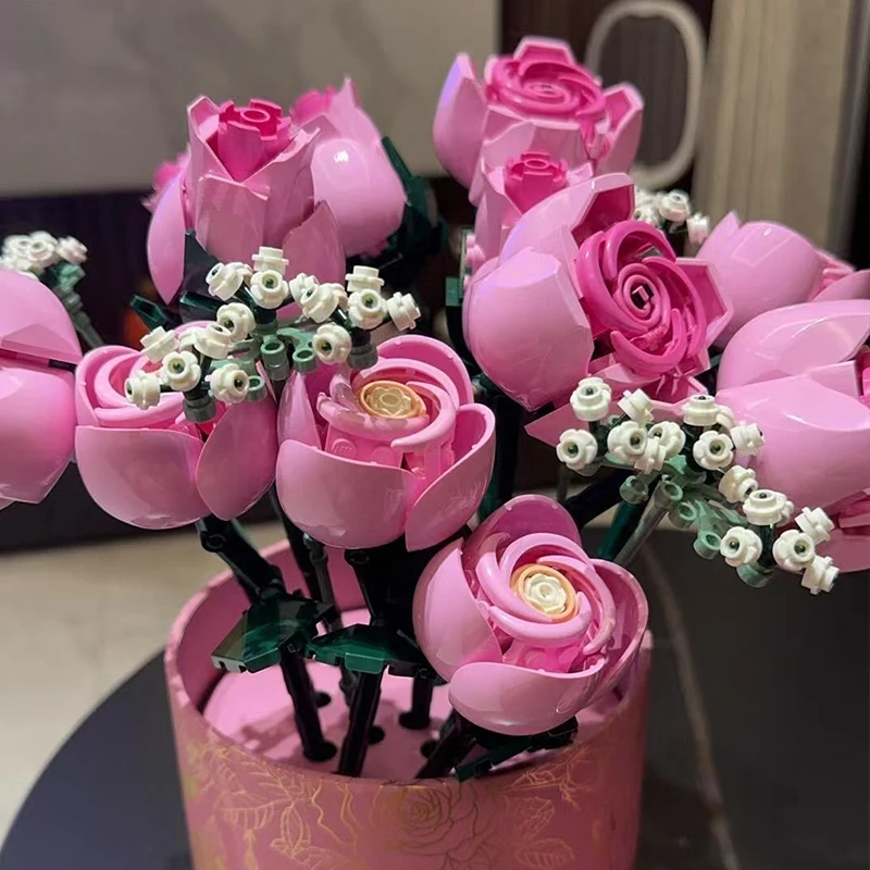 2026 nuevas extensiones periféricas Pink Stars Rose Bouquet adecuadas para regalos de Navidad compatibles con partículas Legoed 789 piezas.