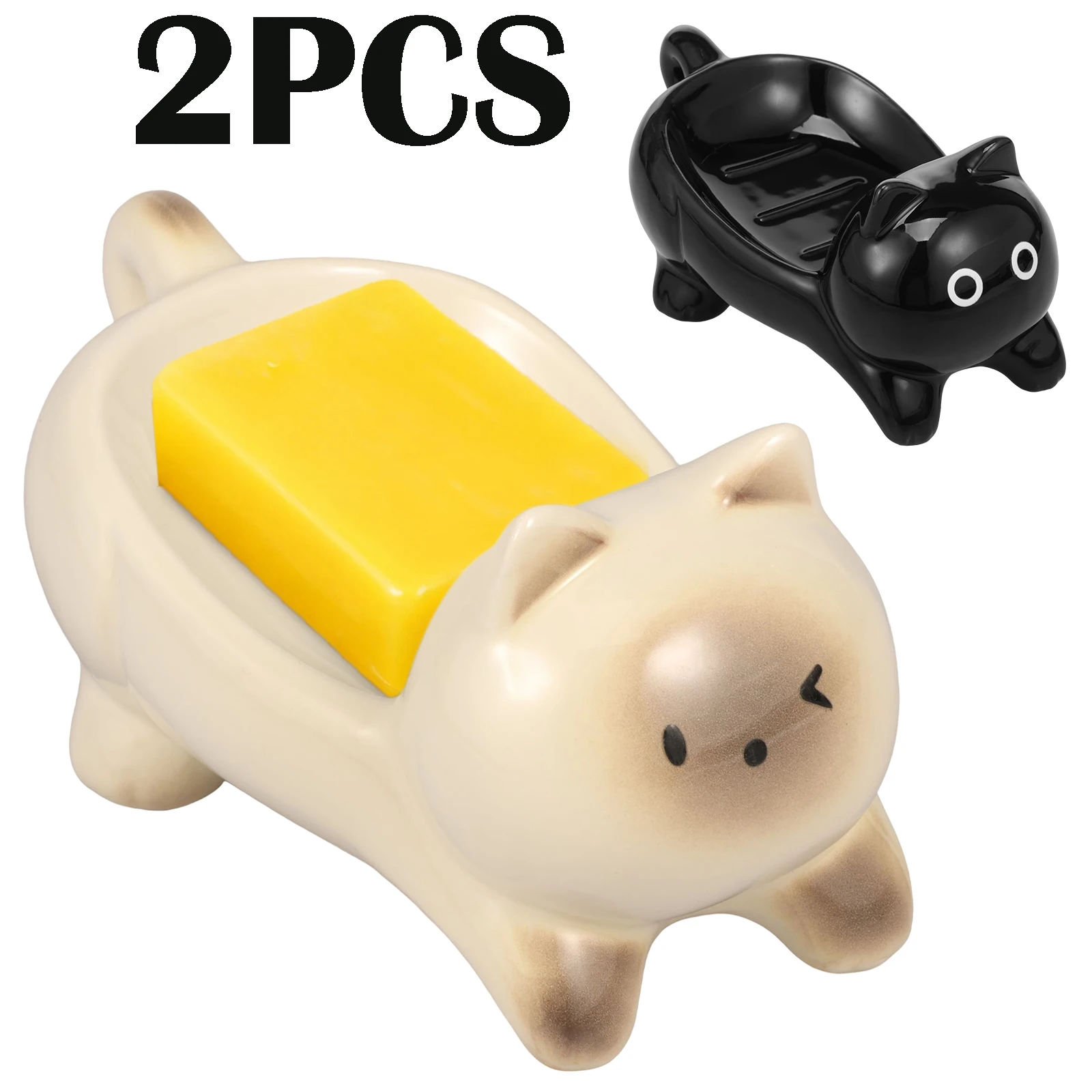 

2 шт., керамическая мыльница в форме кошки, самосливная, очаровательный, в стиле кошки, столешница, мыльница для ванной комнаты, душа, кухонная раковина