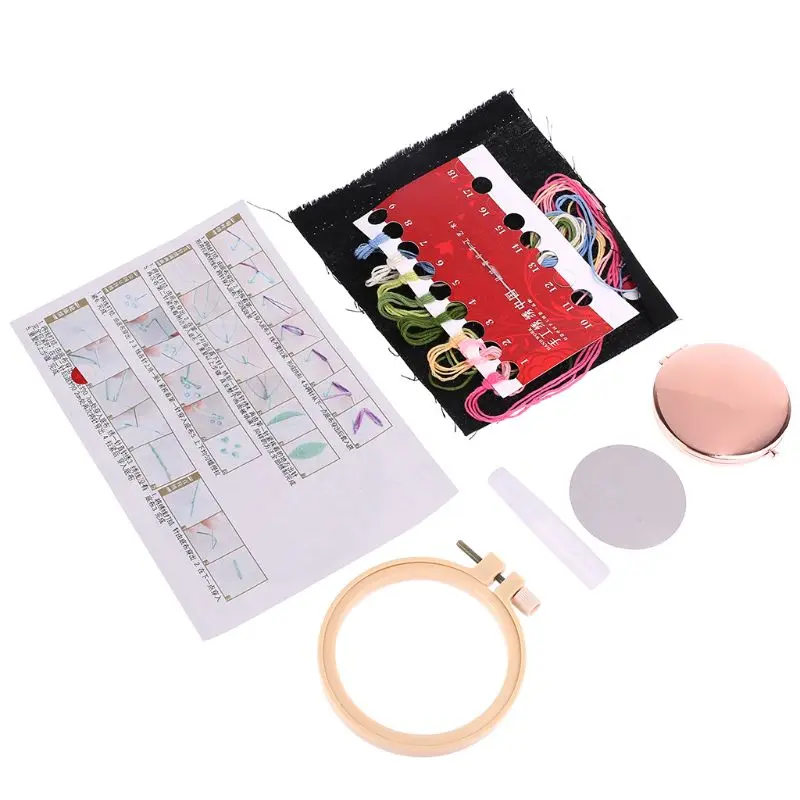 TSHOU812 Embroidery Kit Compact Pocket Floral Makeup Mirror Double-side Folding Women Vintage Cosmetic Mirrors Handmade  U2JD