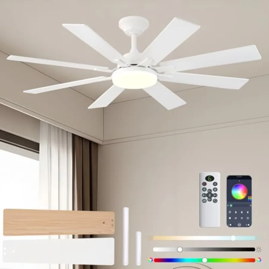 Ceiling Fans with Lights for Bedroom Living Room, White 52 Inch DC Motor Fan with Reversible Rotation, 3CCT Dimmable Light, Rem