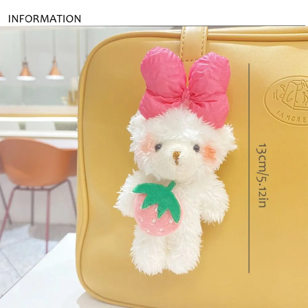 Fashion Soft Bear Plush Keychain Cartoon Bowknot Strawberry Bear Doll Toys Plush Stuffed Bow Bear Pendant Unisex