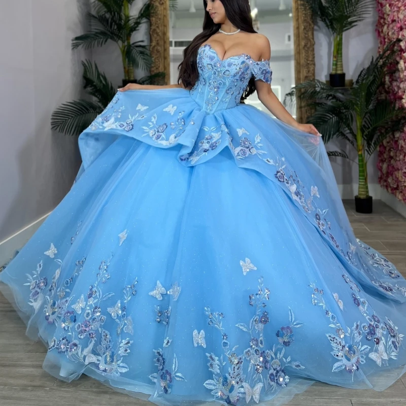 

Blue Shiny Ball Gown Quinceanera Dresses Off The Shoulder Applique Bow Beads Tull Party Birthday Sweet 16 Dress Vestidos 15 De