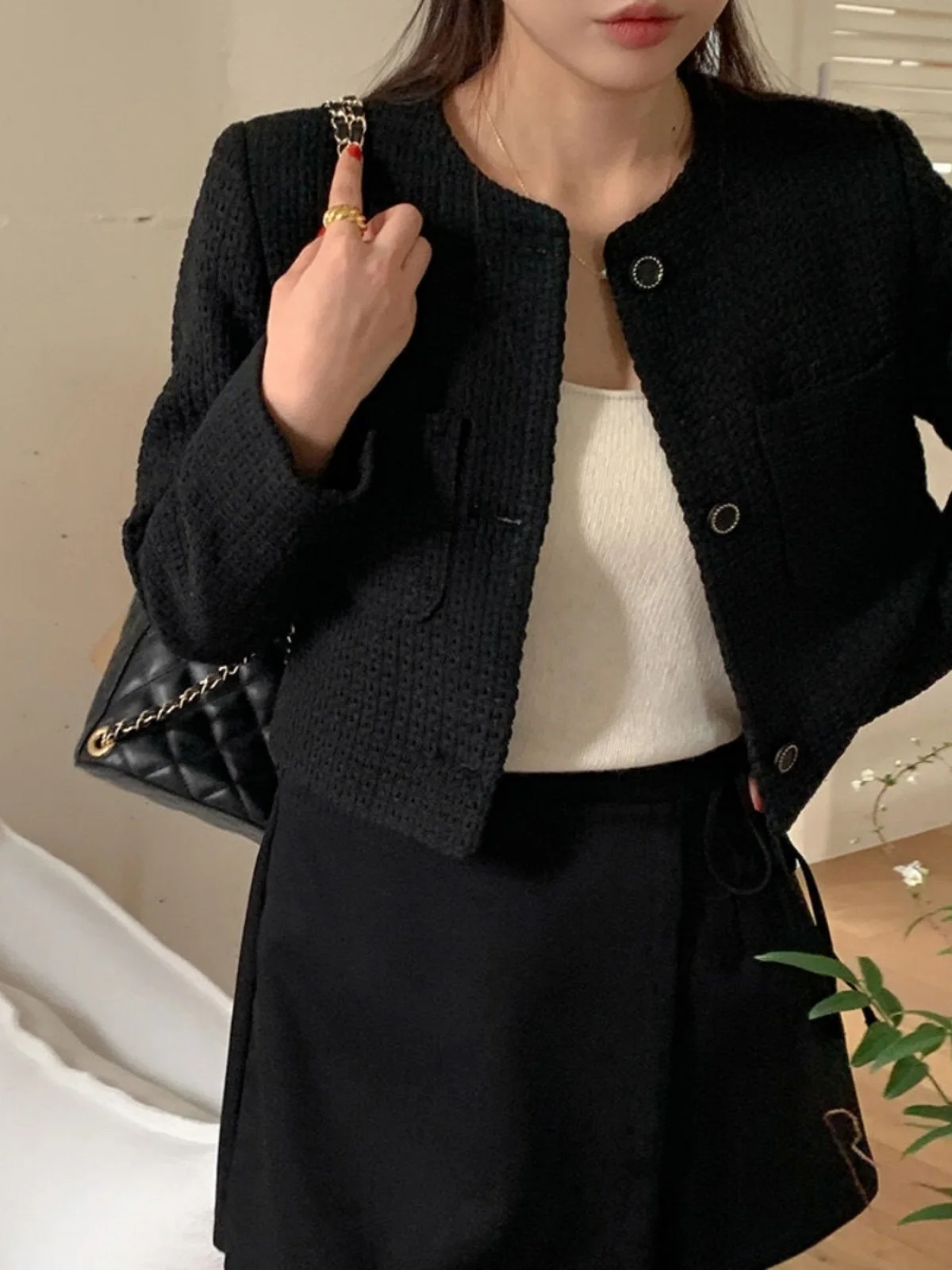 เสื้อโค้ทผู้หญิงสไตล์เกาหลี แขนยาว ทรงวินเทจ ติดกระดุม ผ้าโพลีเอสเตอร์ สำหรับใส่ทำงาน