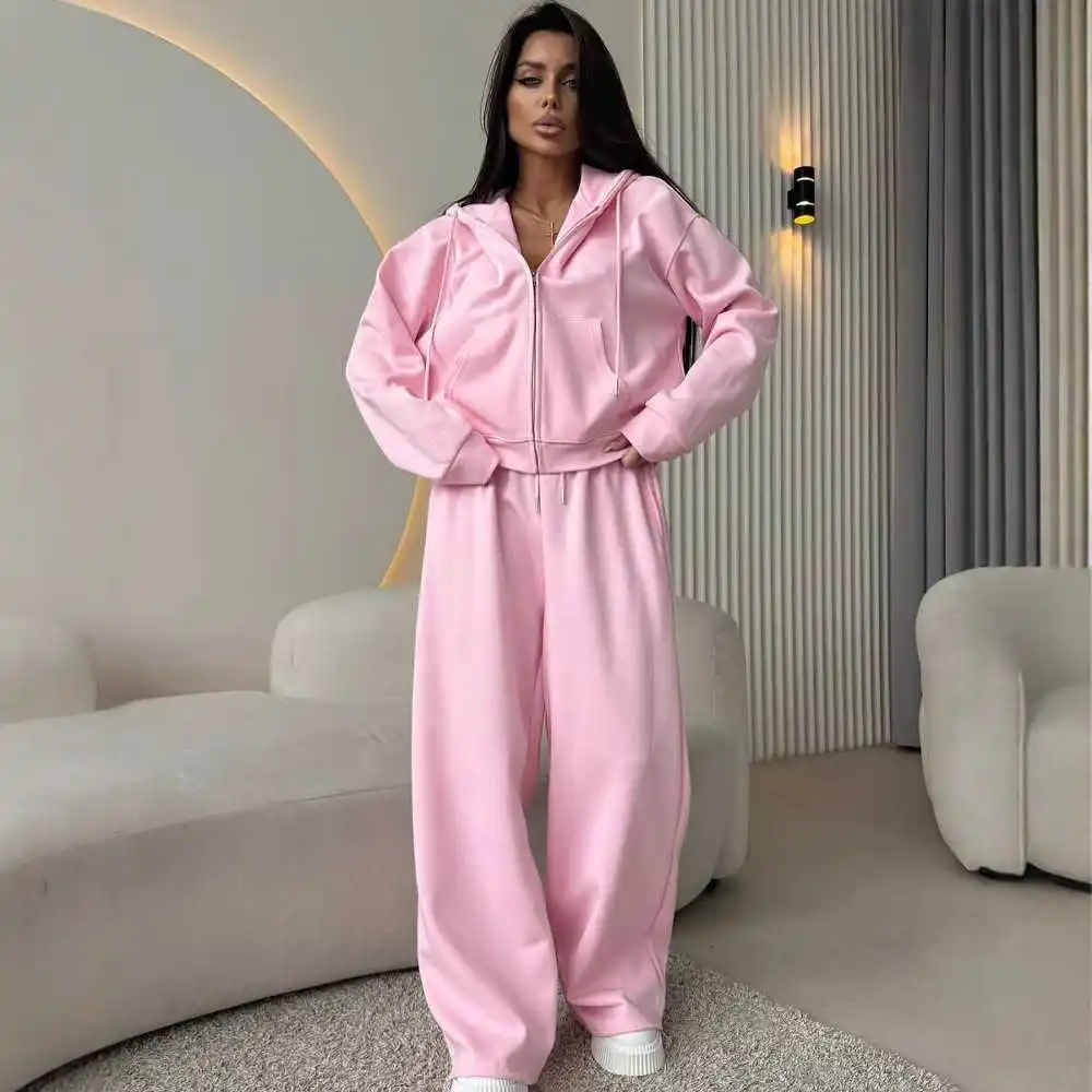 

Pure Color Sportswear Set Long Sleeve Zipper Hoodie Pants Two Piece Cotton Street Style Autumn Collection Unisex Design