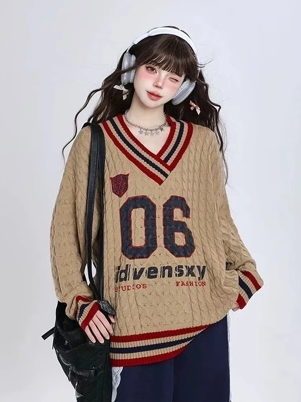 

American Retro V-Ne Pullover Sweater Women's Autumn Winter Lazy Sle Design Loose Color Blo Knitwear Top