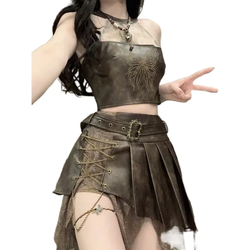 Retro Mode Pittige Meisjesstijl Lederen Halter TopTank Top Onregelmatige Afslankende Korte Rok Set Zomer Tweedelige Set Damesoutfits