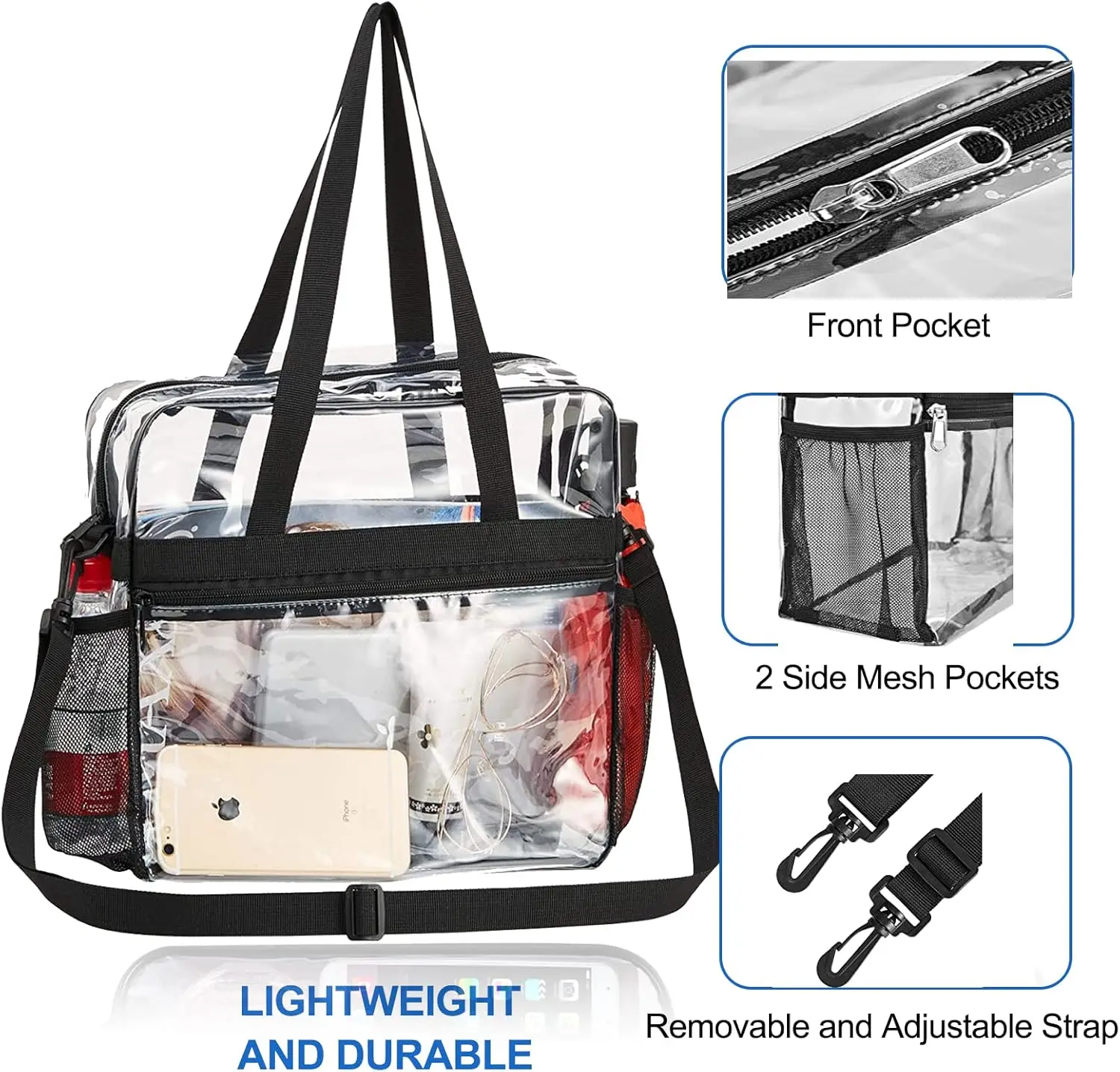 حقيبة شفافة معتمدة من Clear Tote Stadium، للسفر الآمن وصالة الألعاب الرياضية لحفلات ألعاب العمل الرياضية #3