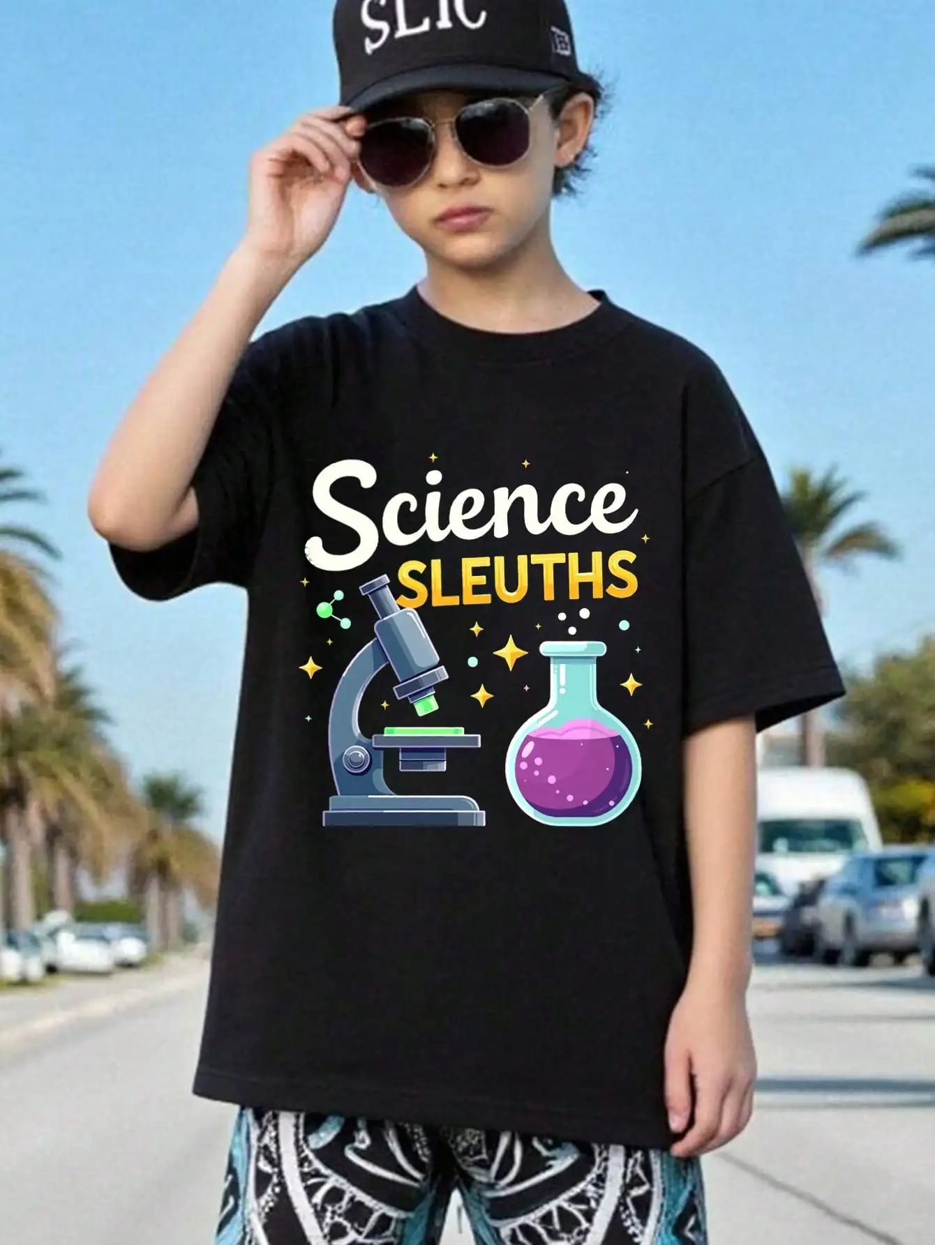 

Boys/Girls Science Sleuths Back To School Cotton Graphic Tees, Black Oversized Summer Tops With Microscope And Flask Print