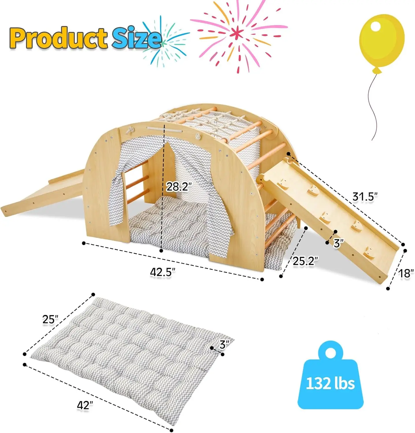 Jouets d'escalade pour tout-petits, 1 grimpeur d'arc avec 2 rampes pour coulisser ou monter, maison de gymnastique de jeu en bois d'intérieur avec coussin de tente et faire