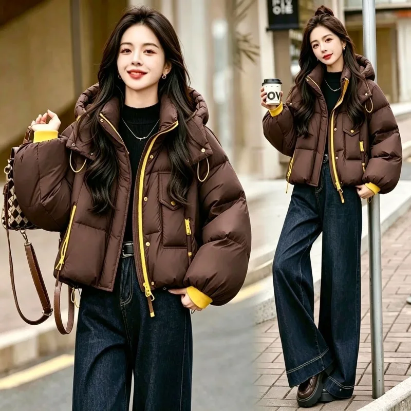 Korean Streetwear Chic Hooded Cropped Puffer Parka Women Contrast Red Zipper Thick Warm Oversized Loose Fit Casual Winter Outfit