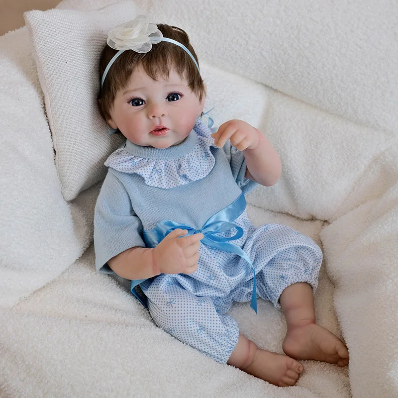 

19inch Silicone Reborn Baby Doll Raven with Blue Dress Full Body Vinyl Girl Reborn Dolls High Quality Lifelike Real Baby Muñecas