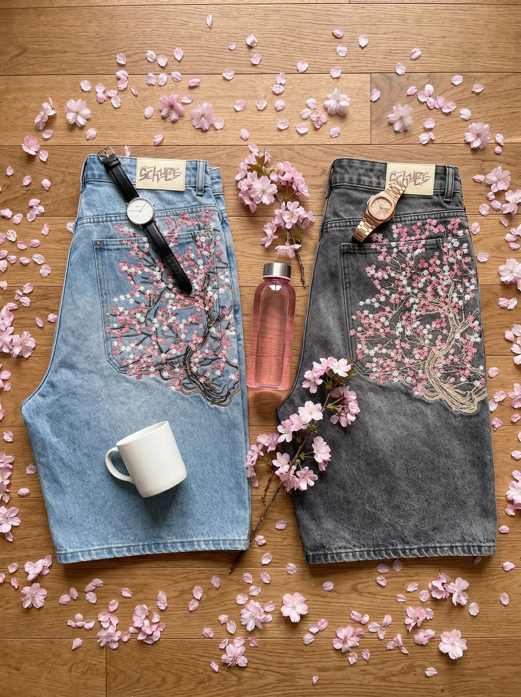 Shorts Vaqueros Vintage Y2K con Bordado de Flores de Cerezo Azul Claro para Mujer y Hombre, Estilo Urbano, Algodón Deslavado, Casual, Moda Verano