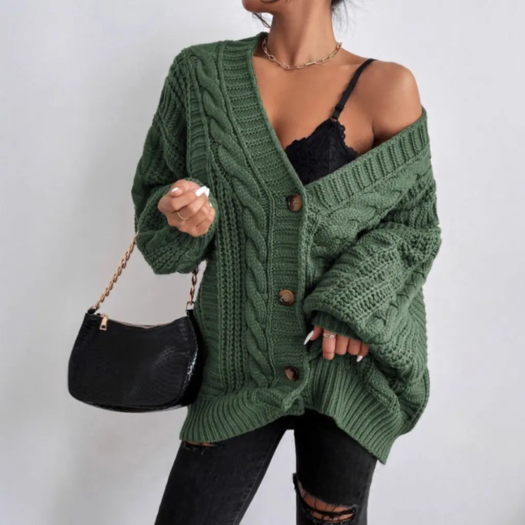 

Women's Pure Color Chunky Knit Sweater Jacket Casual Lazy Style Medium Length New Arrival Fashionable Comfortable Top