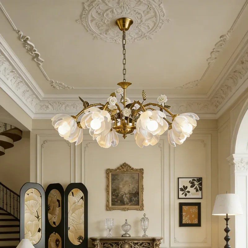 Vintage French Chandelier Romantic Pastoral Rose Flower Design Medium Size Antique Light Luxury Pendant Lamp for Living Room