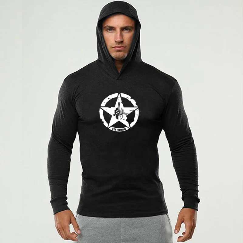 Men\'s Fashion Sportswear Fitness Hooded T-Shirt Mens Long Sleeve Bodybuilding Tee Shirt Man Gym Jogger Sweatshirt Workout Tshirt