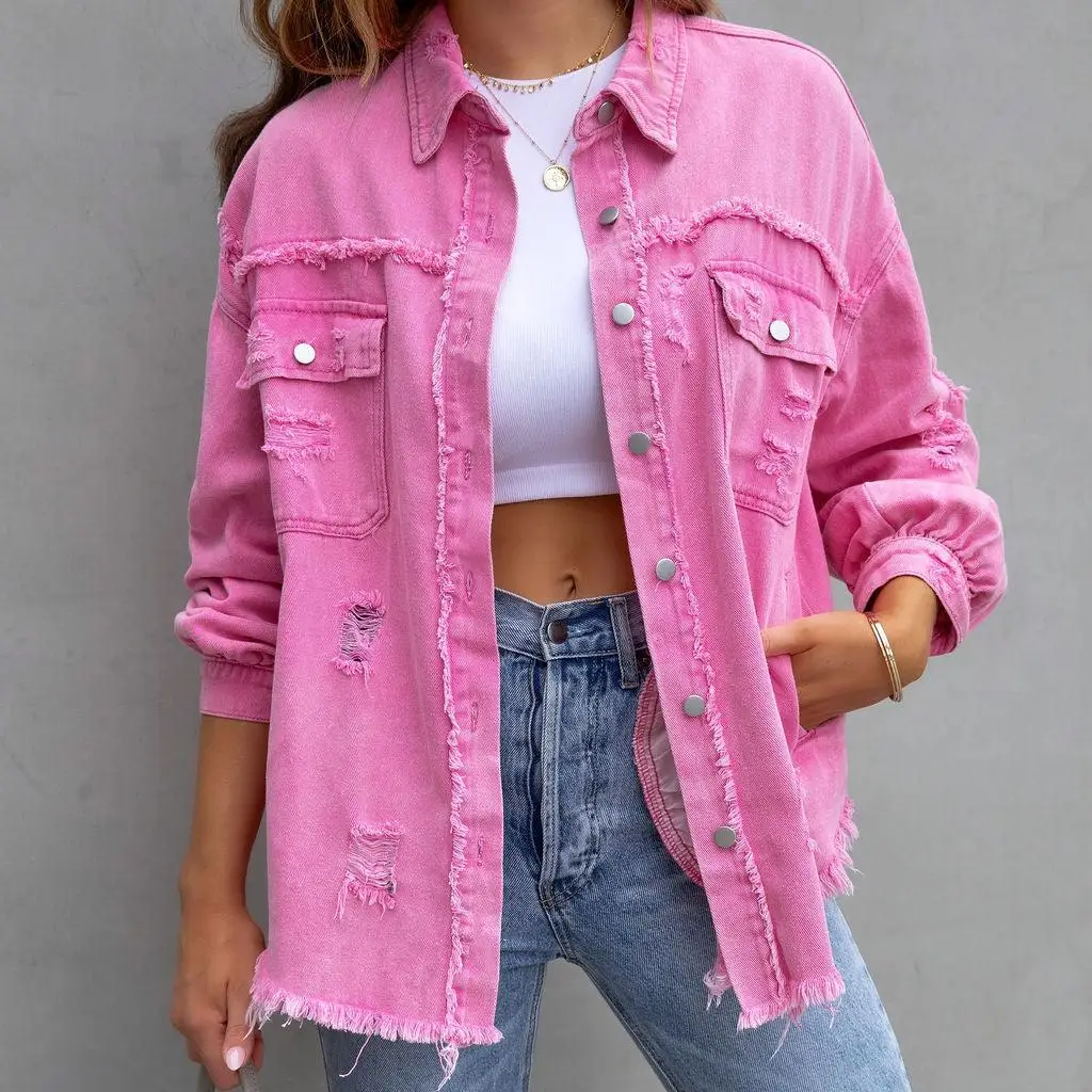 

Женская однобортная джинсовая одежда с бахромой и талией Long Sve Pure Color ort Верхняя одежда, осень 2023, Faion