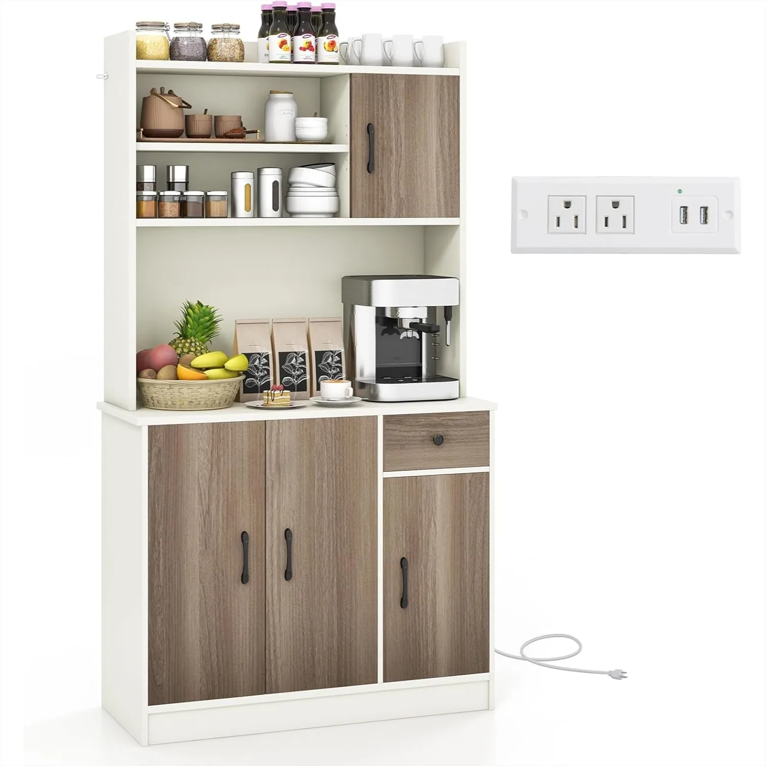 

71" Buffet Hutch Cabinet with Power Outlet, Kitchen Sideboard Storage, 9 Shelves & Adjustable Shelving, White & Walnut
