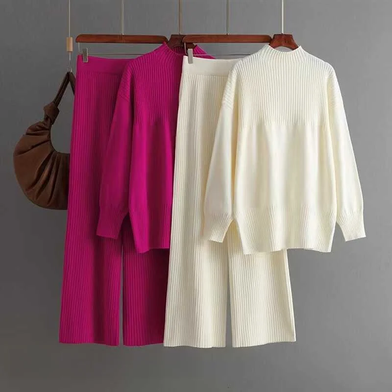 

Loose Knitted round Ne Sweater with Slits Long Pants Two-Piece Set Comfortable Faionable Women's Autumn Outfit