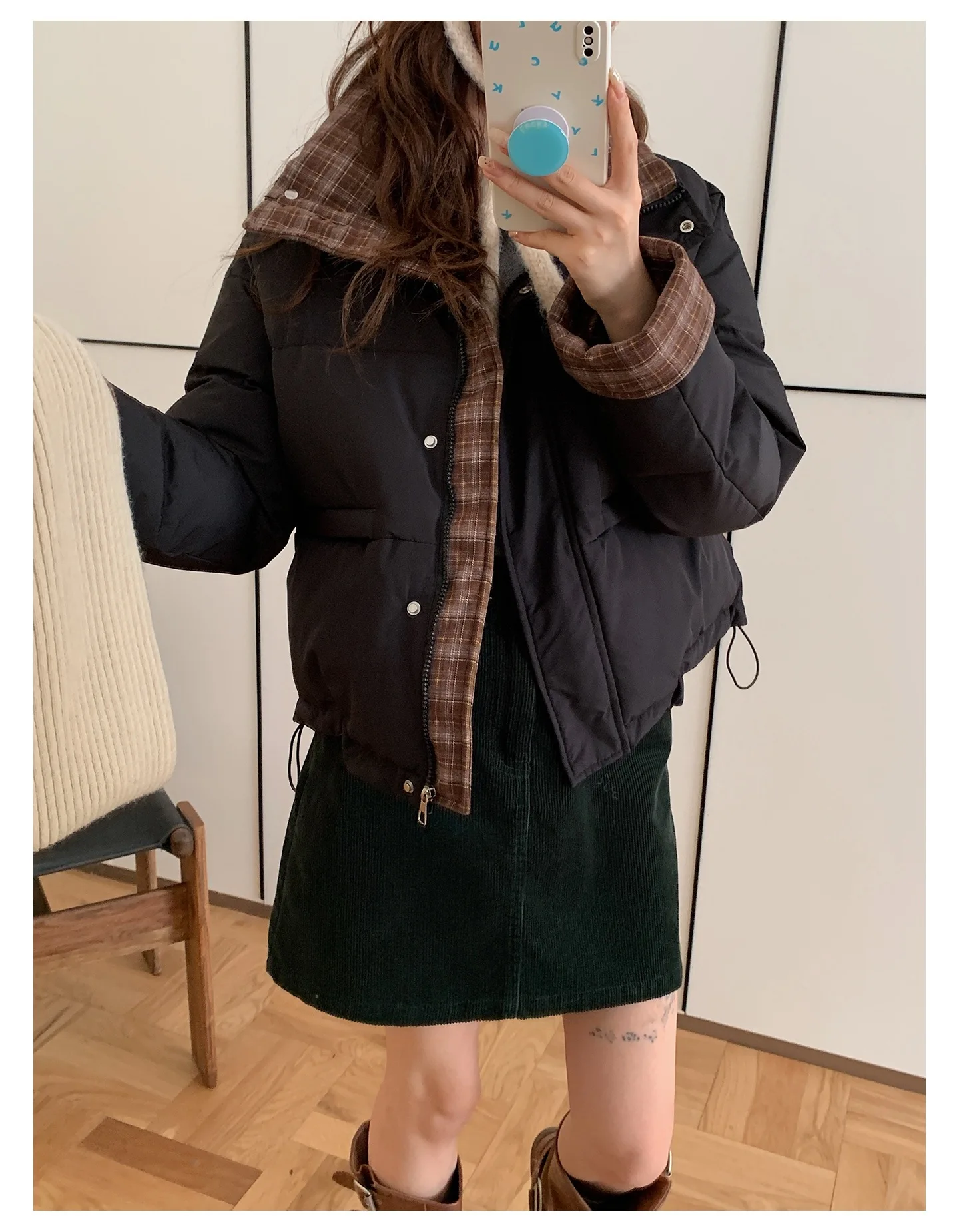 American Plaid Patchwork Puffer Jacket Women Winter Thick Stand Collar Short Parkas Woman Korean Casual Preppy Style Outerwear