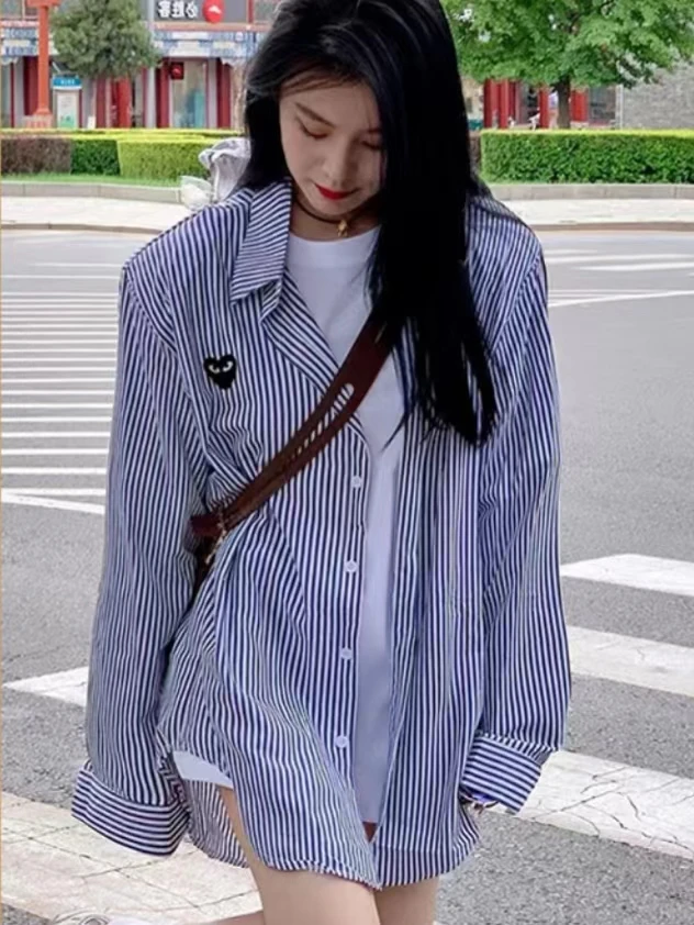 

Casual Striped Heart aped Long Sve irt Jaet Women's Spring Autumn Loose Design Big Size Blue Polyester Commute Sle
