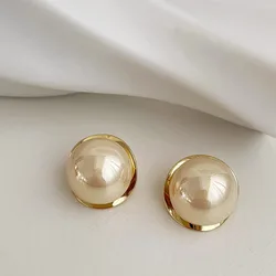 FTCY Vintage Round Gold Color Pearl Earrings for Women Luxury Simple Elegant Stud Earrings Wedding Jewelry Party Gifts