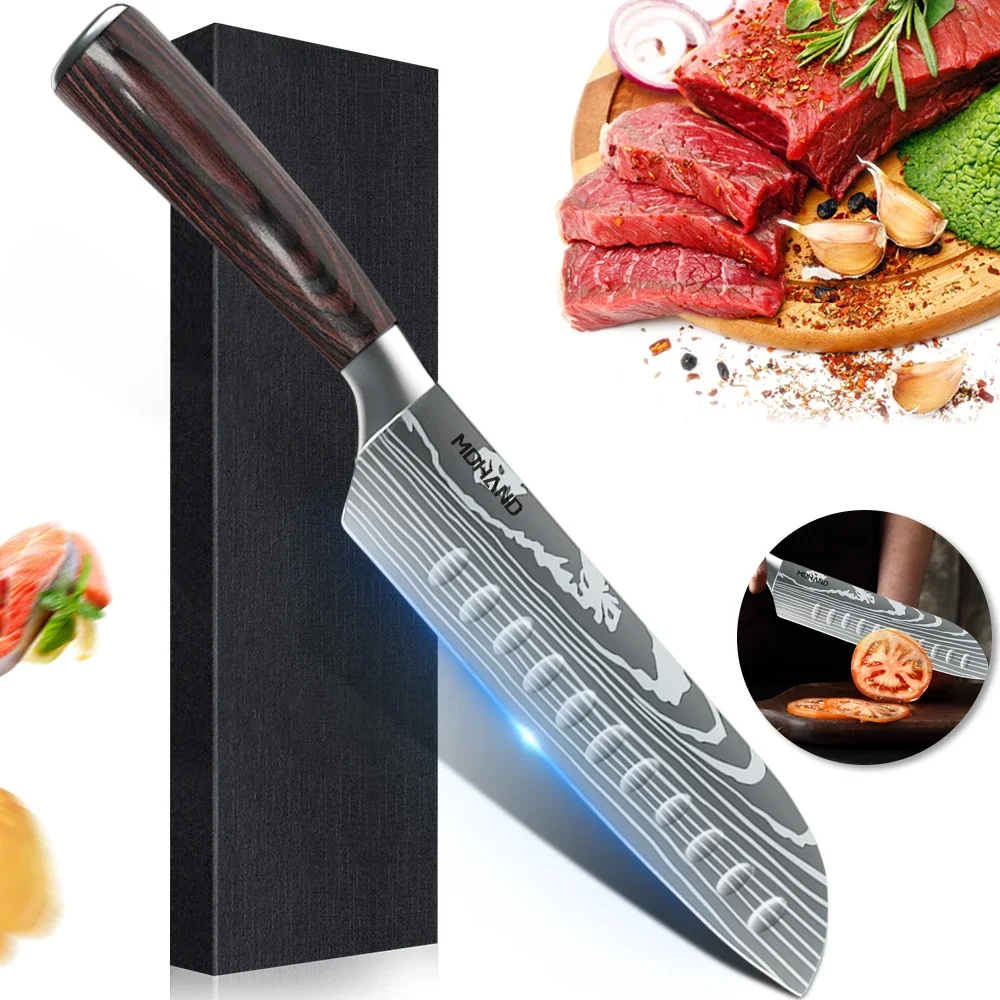 

7 inch Chef Knife Japanese Santoku Utility Knives Sharp Cleaver Slicing Steak Kitchen Knife Stabilized Wooden Handle