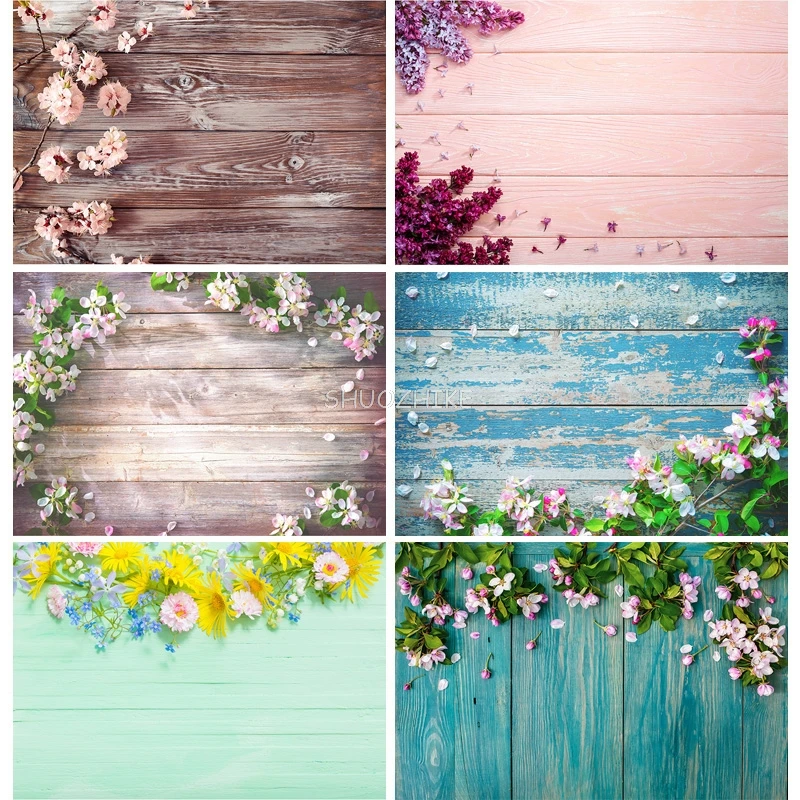 SHUOZHIKE Spring Flowers Petal Wood Plank Photography Backdrops Wooden Baby Pet Photo Background Studio Props MHZ-02